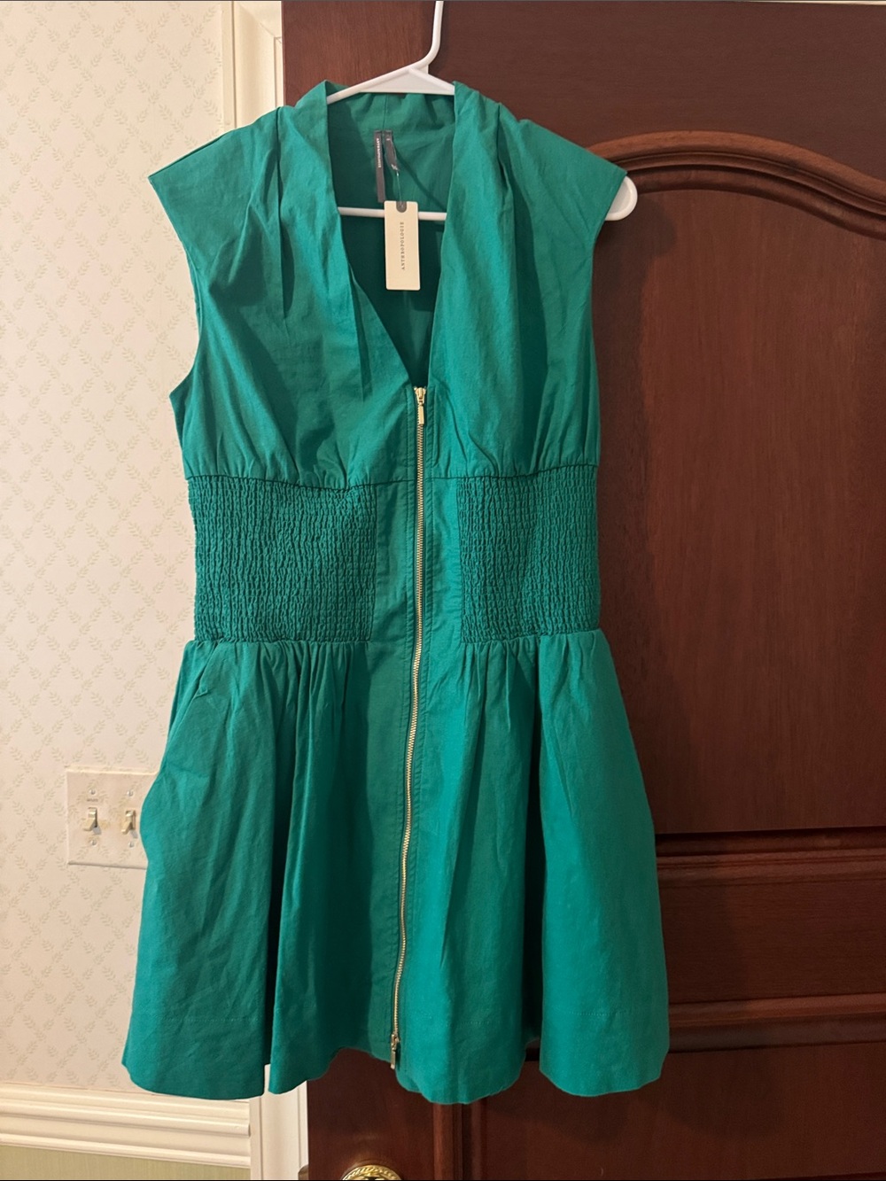 Anthropologie Teal Green Zip-Front Fit-and-Flare Dress
